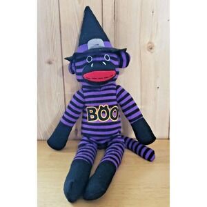 Dan Dee Halloween Sock Monkey Plush 20"‎ Witch Hat BOO Purple Black Stripes